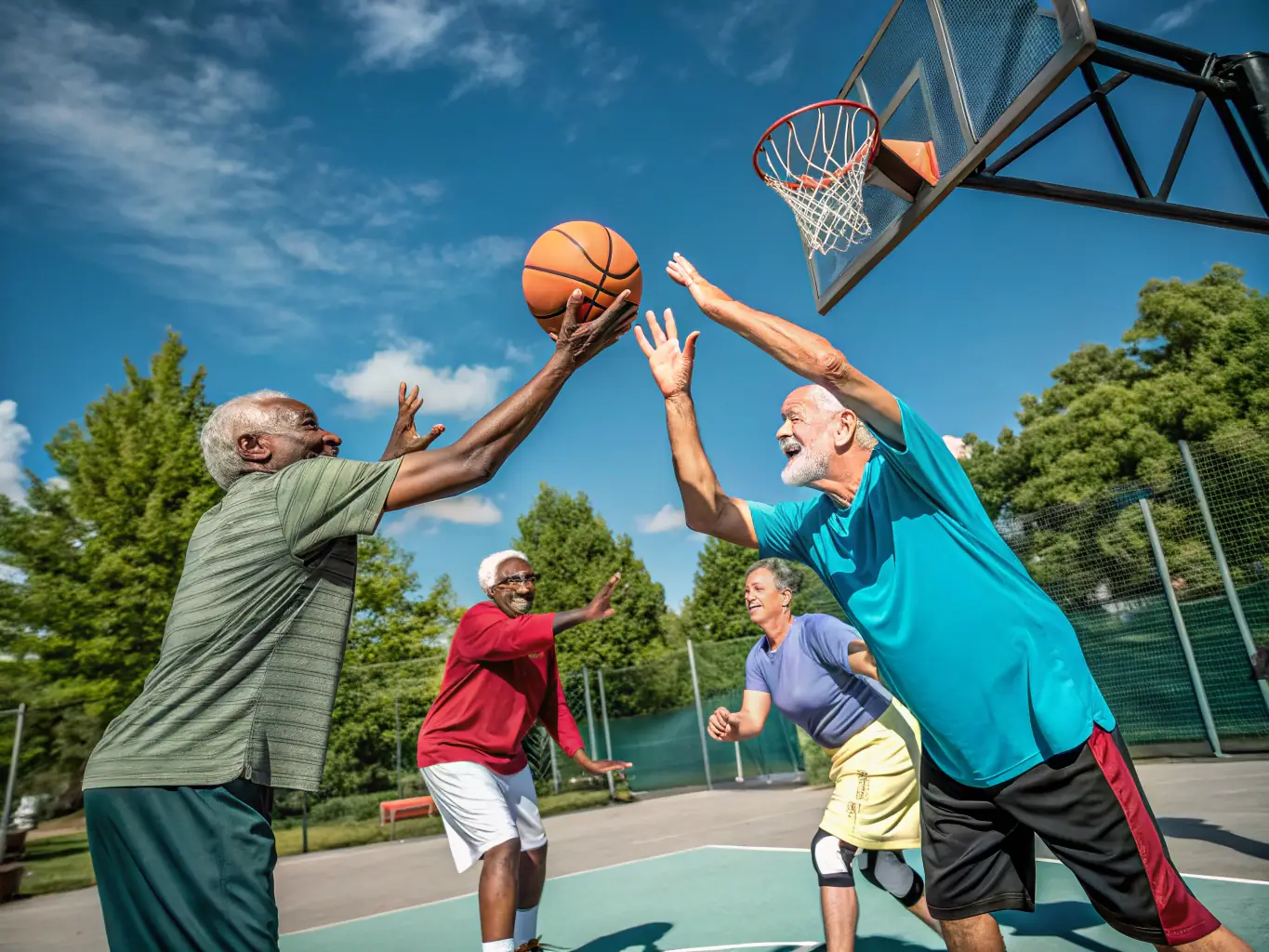 A group of senior citizens participating in a gentle basketball exercise, promoting health and social interaction.