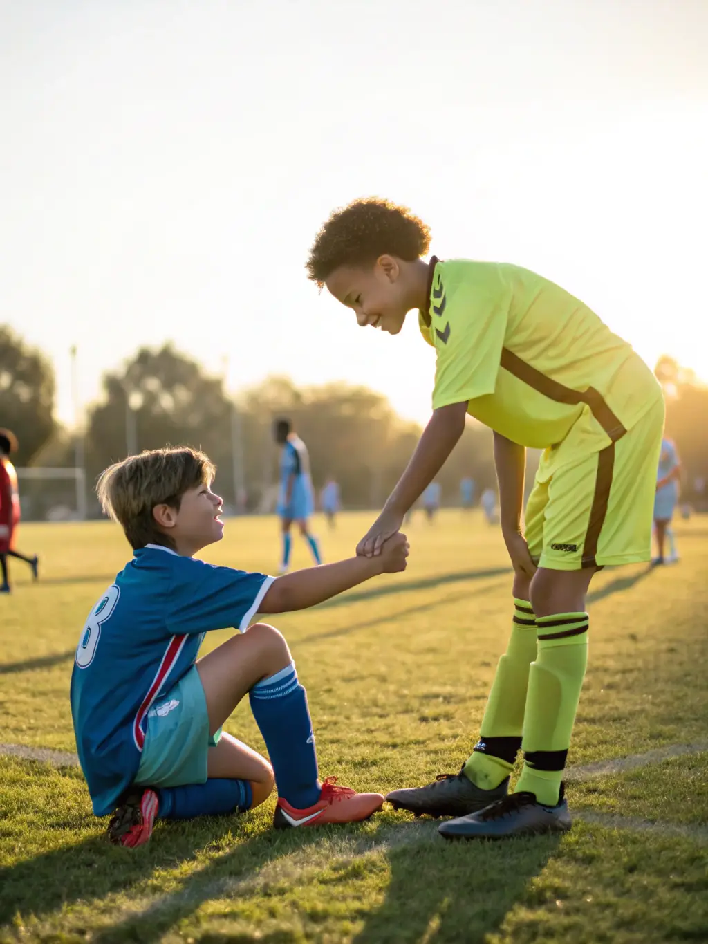 A young athlete displaying sportsmanship by helping an opponent up during a game, emphasizing respect and fair play.