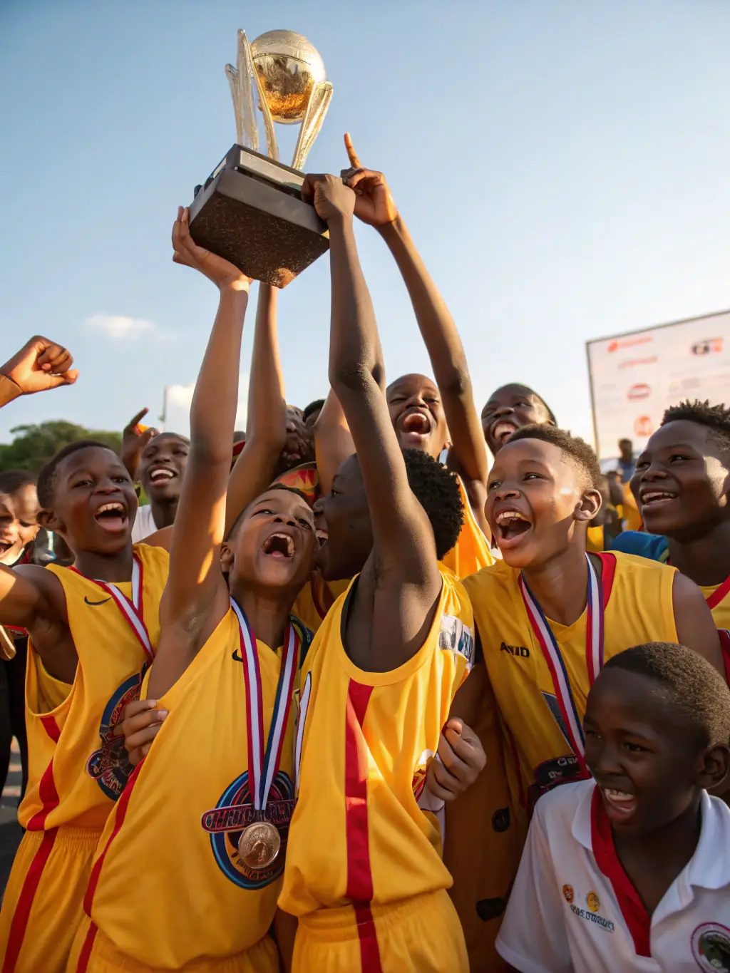 A group of young basketball players celebrating a victory, showcasing teamwork and achievement in a well-lit indoor court.