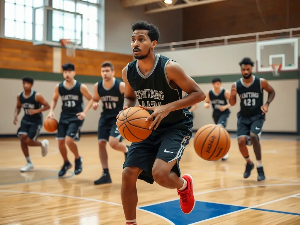 A dynamic image of a basketball training session, highlighting the energy and focus of the players as they practice drills under the guidance of experienced coaches.